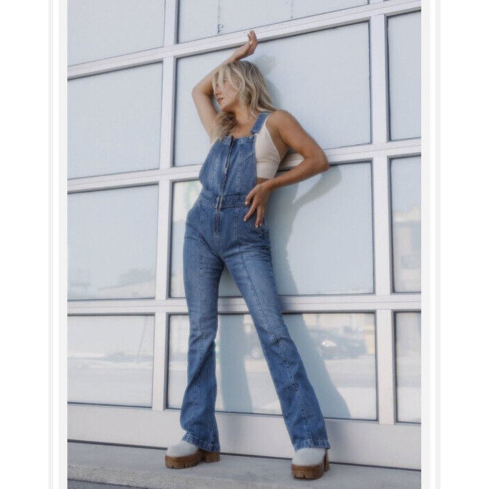 Free People Camilla Overalls‎ Blue Denim Jumpsuit Slim Bootcut Sz S